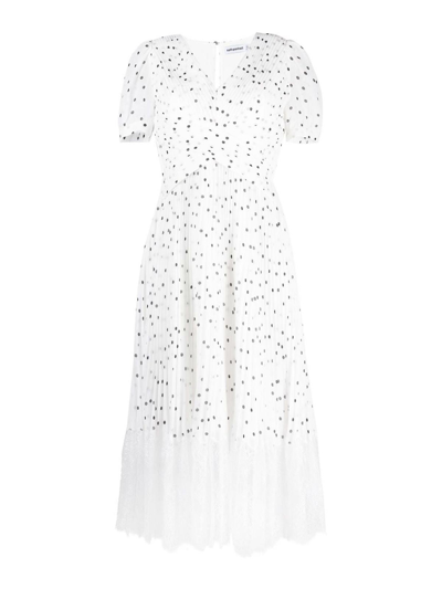 Shop Self-portrait Lace-trim Polka-dot Midi Dress In White