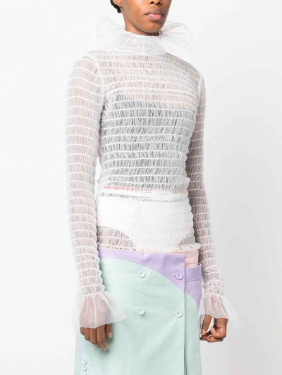 Thom Browne Frilled High-neck Tulle Top In Blanco