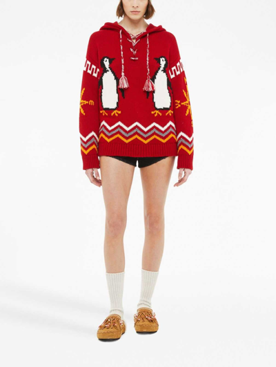 Alanui For The Love Of Pengui Knit Hoodie In Red