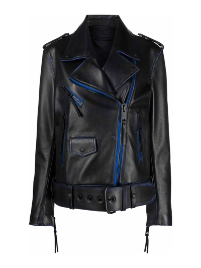 Off-white Contrast-trim Leather Jacket In Light Blue