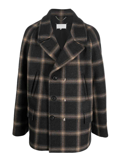 Shop Maison Margiela Check-pattern Wool Coat In Black