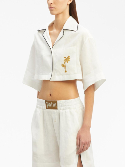 Shop Palm Angels Logo-embroidered Cropped Linen Shirt In Cream