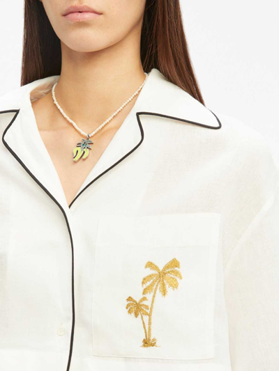 Shop Palm Angels Logo-embroidered Cropped Linen Shirt In Cream