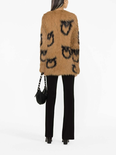 Shop Pinko Love Birds-motif Faux-fur Cardigan In Camel