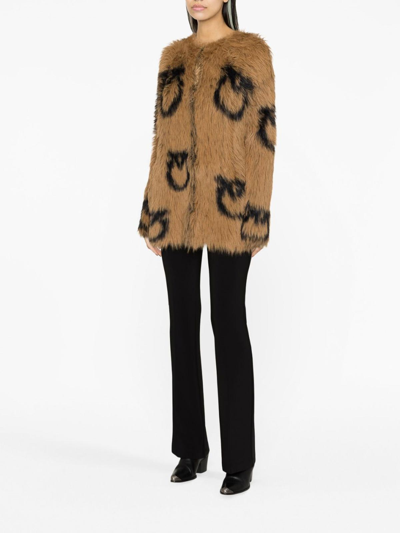 Shop Pinko Love Birds-motif Faux-fur Cardigan In Camel