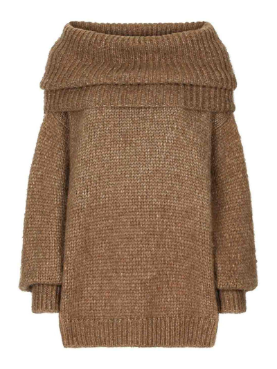 Shop Dolce & Gabbana Ribbed Off-shoulder Dress In Brown