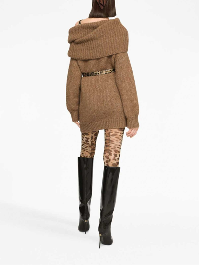 Shop Dolce & Gabbana Ribbed Off-shoulder Dress In Brown