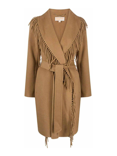 Shop Michael Kors Fringe Coat In Beige