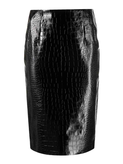 Shop Versace Leather Crocodile Print Midi Pencil Skirt In Negro