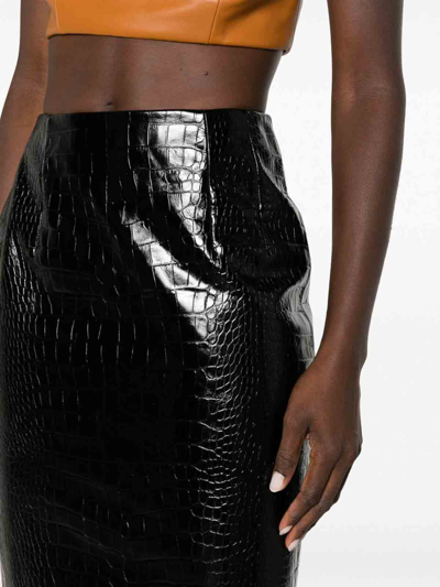 Shop Versace Leather Crocodile Print Midi Pencil Skirt In Negro