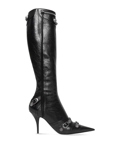 Balenciaga Cagole White Pointed High-boots With Studs And Buckles In Leather Woman In Black