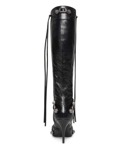 Balenciaga Cagole White Pointed High-boots With Studs And Buckles In Leather Woman In Black