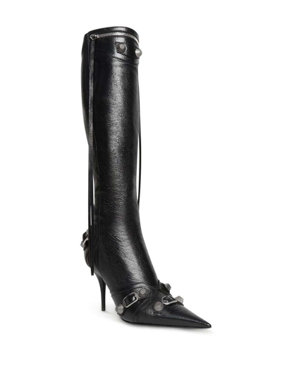 Balenciaga Cagole White Pointed High-boots With Studs And Buckles In Leather Woman In Black