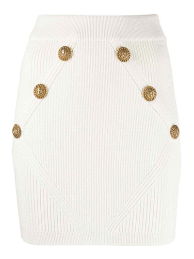 Shop Balmain Gold Embossed Buttons Knitted Mini Skirt In Blanco