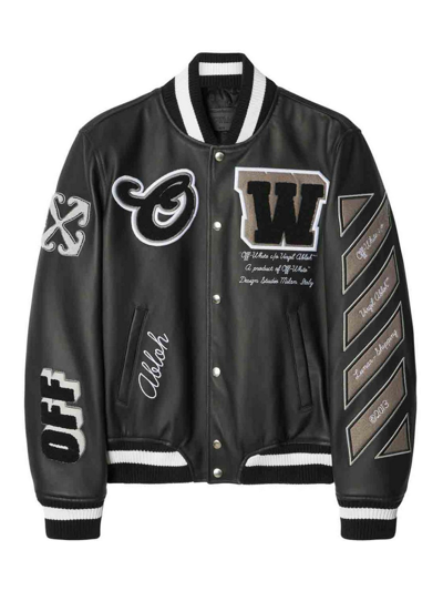 Shop Off-white Leather Varsity Jacket In Black