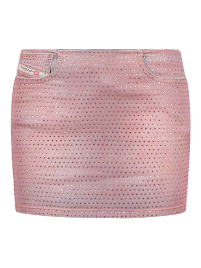 Shop Diesel Denim Skirt With Rhinestones In Pink