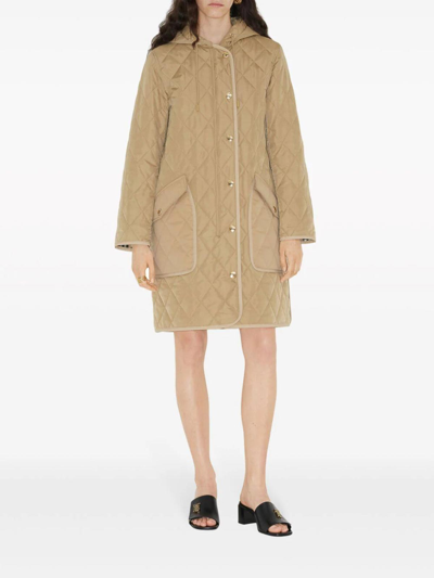 Shop Burberry `roxby A23` Quilted Hooded Coat In Beige