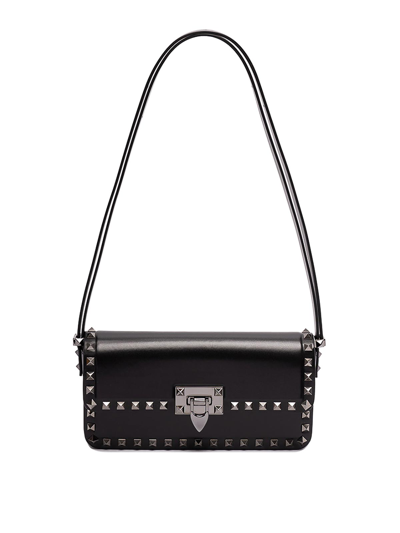 Shop Valentino `rockstud E/w` Leather Shoulder Bag In Black