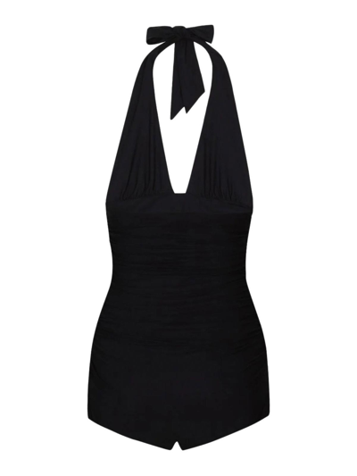 Dolce & Gabbana Black Gathered One-piece Swimsuit With Logo Patch In Stretch Polyamide Woman In Black