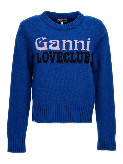 Shop Ganni Wool Blend Sweater With Front Logo In Blue