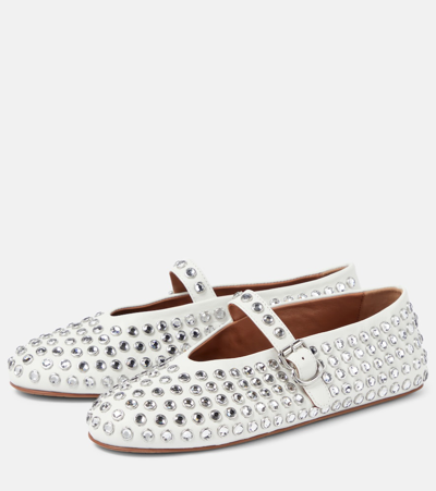 Shop Alaïa Crystal-embellished Leather Ballet Flats In White