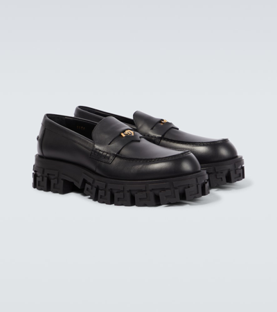 Shop Versace Greca Portico Leather Loafers In Black