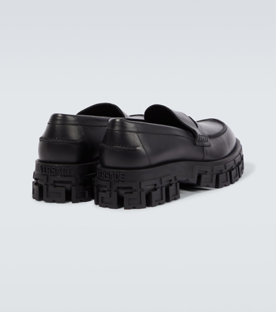 Shop Versace Greca Portico Leather Loafers In Black