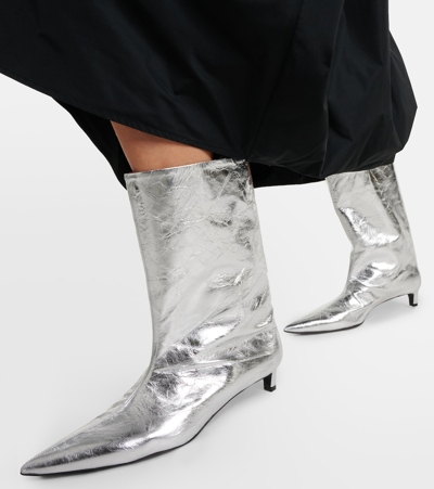 Jil Sander Metallic Leather Ankle Boots In Silver