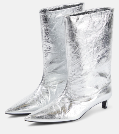 Jil Sander Metallic Leather Ankle Boots In Silver