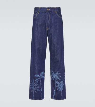 Shop Alanui Jungle Printed Denim Pants In Blue