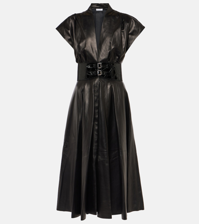 Shop Alaïa Belted Leather Midi Dress In Black