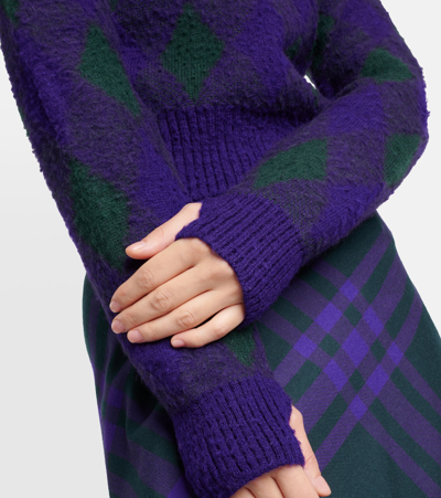 Burberry Check Knit Long-sleeve Thumbhole Sweater In Purple