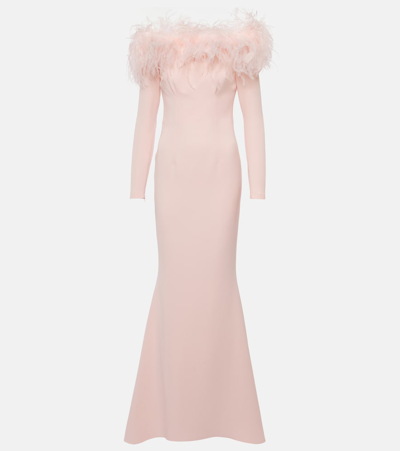 Shop Safiyaa Feather-trimmed Off-shoulder Gown In Pink
