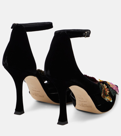 Shop Jimmy Choo Azara 100 Floral-appliqué Velvet Pumps In Black