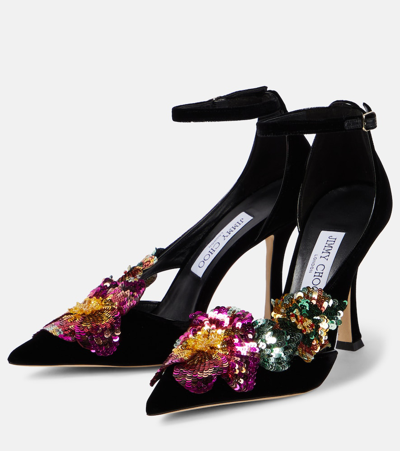 Shop Jimmy Choo Azara 100 Floral-appliqué Velvet Pumps In Black