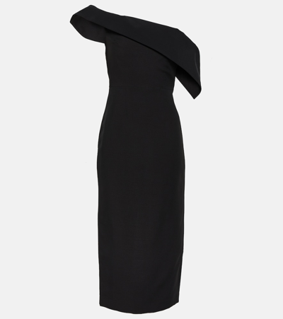 Shop Roland Mouret Asymmetric Wool And Silk Midi Dress In Black