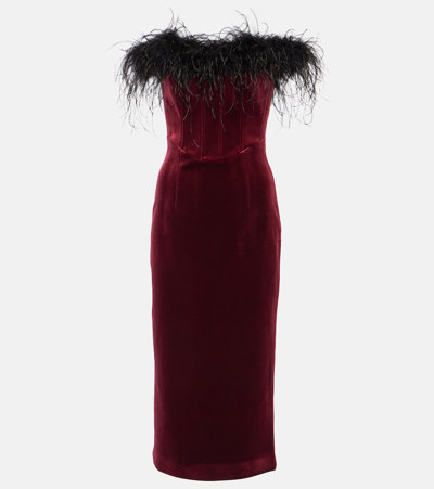 Shop Rebecca Vallance Vanessa Feather-trimmed Midi Dress In Red