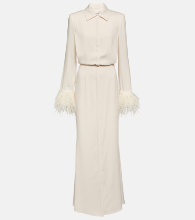 Shop Roland Mouret Feather-trimmed Crêpe Maxi Shirt Dress In White