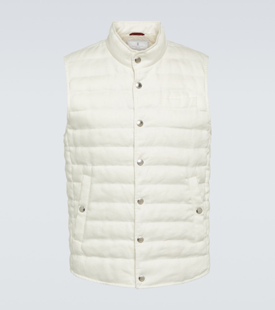 Shop Brunello Cucinelli Quilted Linen Down Vest In White