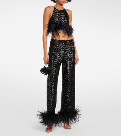 Shop Oseree Paillettes Plumage Cropped Top In Black