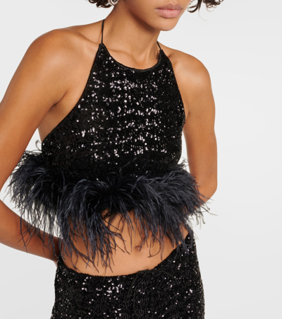 Shop Oseree Paillettes Plumage Cropped Top In Black