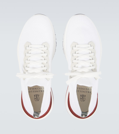 Shop Brunello Cucinelli Leather-trimmed Knit Sneakers In White