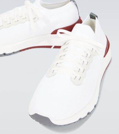 Shop Brunello Cucinelli Leather-trimmed Knit Sneakers In White