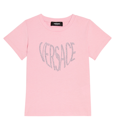 Shop Versace Logo Embellished Cotton Jersey T-shirt In Tutù Pink+rosa