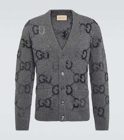Shop Gucci Jumbo Gg Intarsia Wool-blend Cardigan In Grey/mc