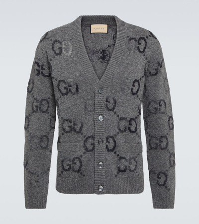 Gucci Cardigan Aus Wolle Mit Gg Intarsie In Grey/mc
