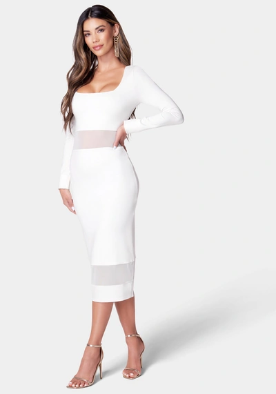 Bebe Square Neck Mesh Inset Dress In Egret