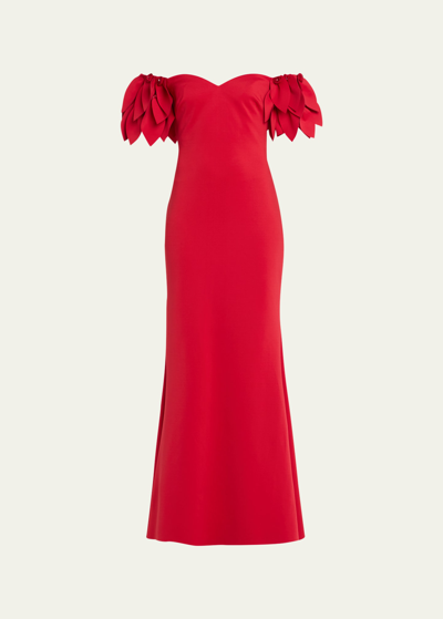 Shop Badgley Mischka Off-shoulder Floral Applique Trumpet Gown In Red