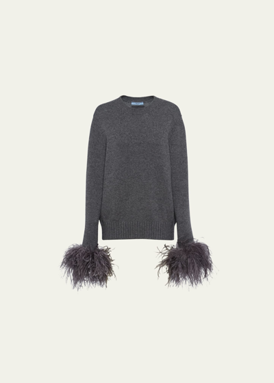 Shop Prada Feathered-cuff Cashmere Sweater In F0480 Ardesia
