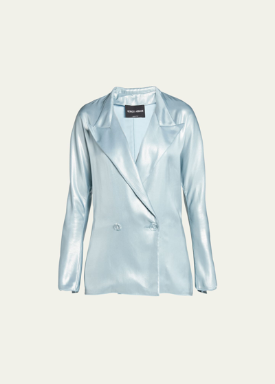 Shop Giorgio Armani Laminated Satin Double-breast Blazer In Solid Medium Blue